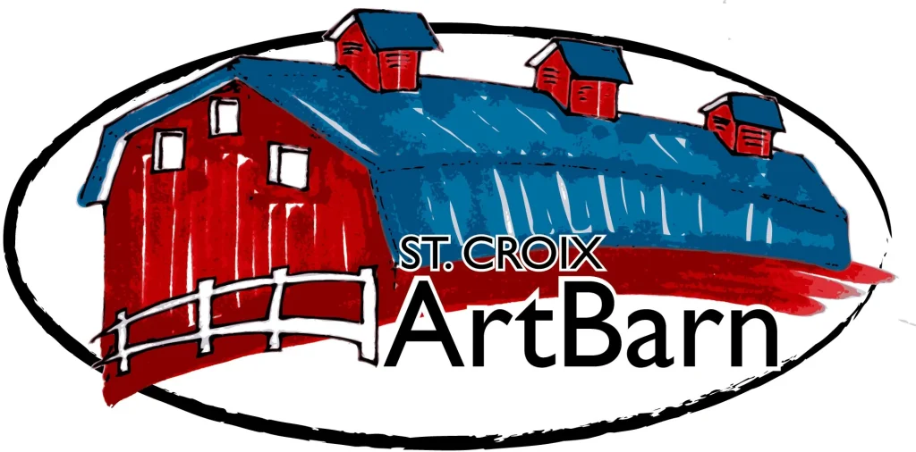 St. Croix Art Barn logo, red barn with blue roof