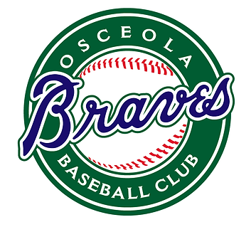 Osceola Baseball Club in white writing on a green background, Braves in blue lettering over a baseball