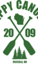 Tippy Canoes logo with two oars, 2009, state of Wisconsin and evergreen trees written in green